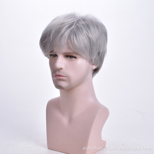 Aishili wholesale short grey natural silky straight toupee remy hair synthetic wigs for men